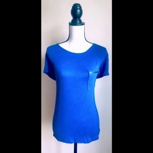 Cobalt Blue Short Sleeve T-Shirt Top: Loose Fit, Pocket Accent w/ Zipper, Sz. M